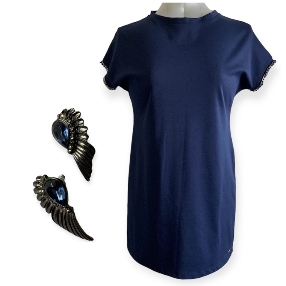 Mohito Top Navy Blue Tunic metallic chain details on sleeves M & Earrings gift